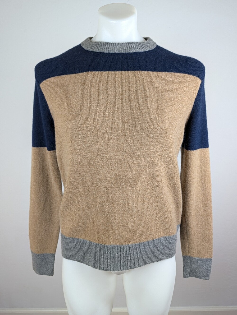 J. Crew Merino Wool Crewneck Sweater In Camel and Navy Colorblock